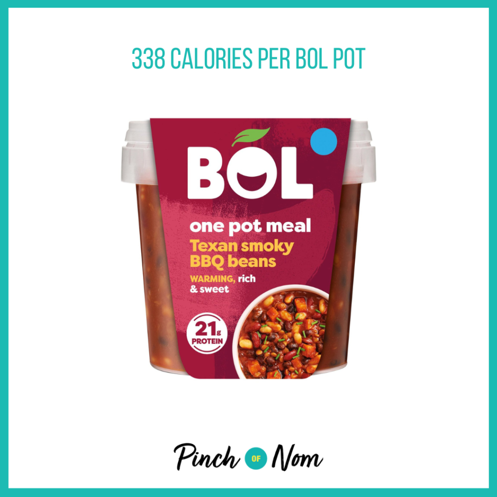 BOL Texan BBQ One Pot Meal featured in Pinch of Nom's Weekly Pinch of Shopping with the calorie count printed above (338 calories per BOL pot).