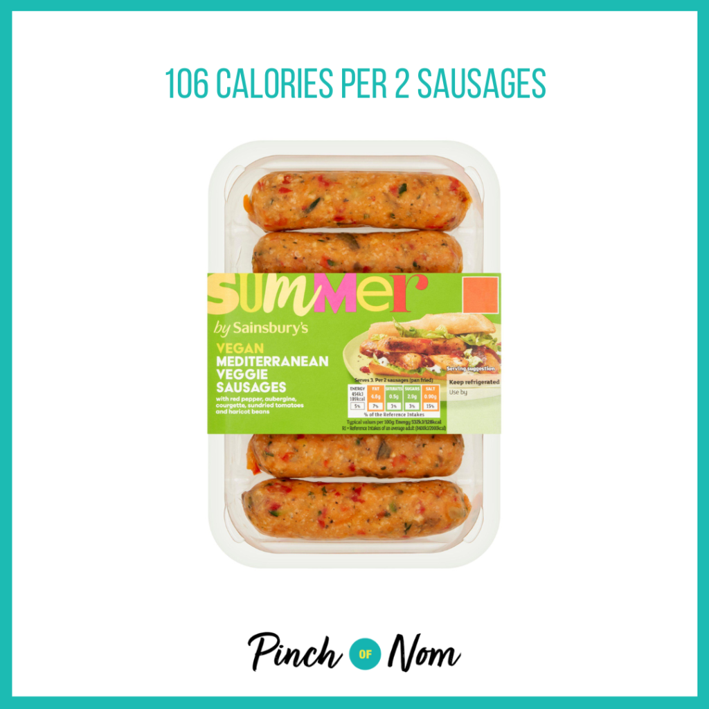 Sainsbury's Summer Vegan Mediterranean Veggie Sausages featured in Pinch of Nom's Weekly Pinch of Shopping with the calorie count printed above (106 calories per 2 sausages).