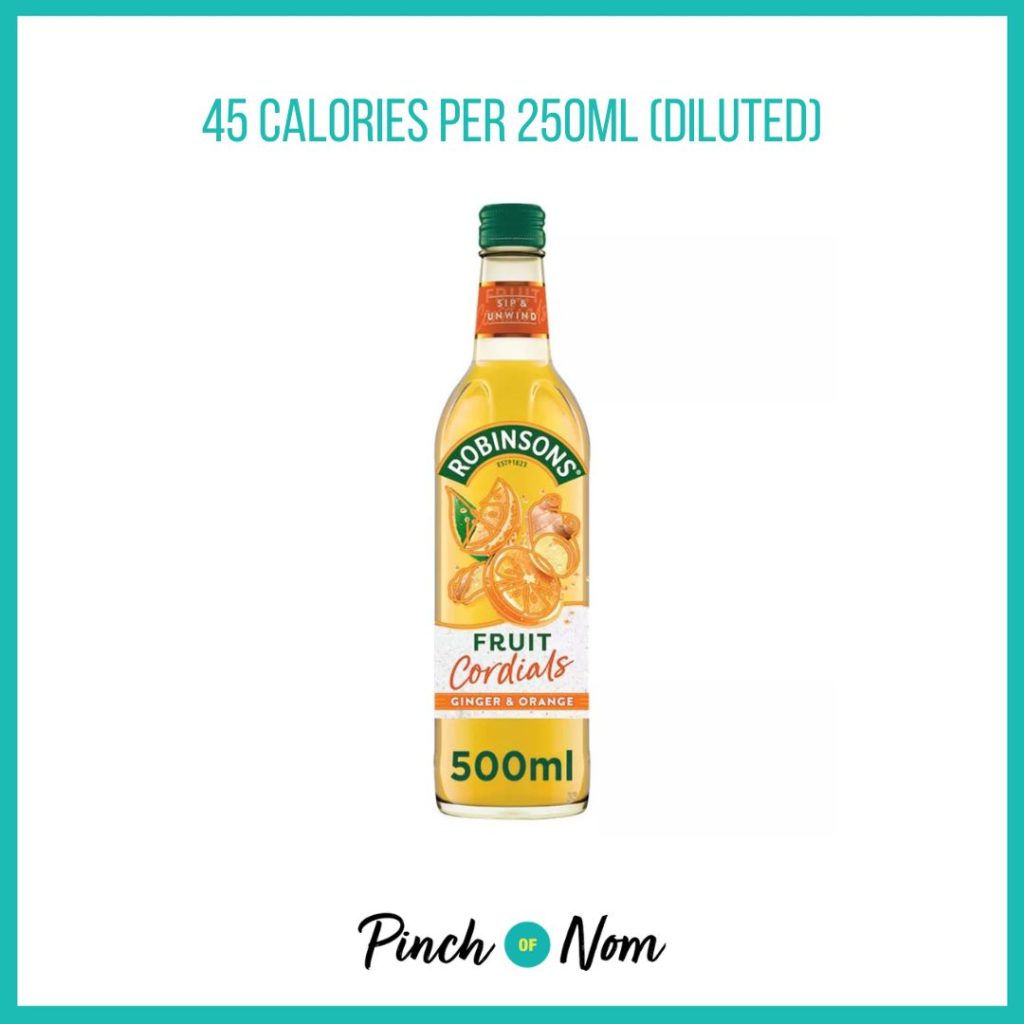 Robinsons Ginger & Orange Fruit Cordials featured in Pinch of Nom's Weekly Pinch of Shopping with the calorie count printed above (45 calories per 250ml diluted) 