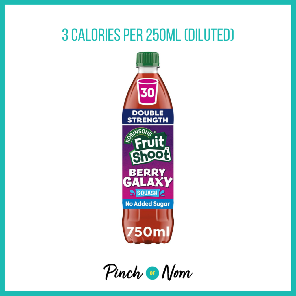 Fruit Shoot Berry Galaxy Squash featured in Pinch of Nom's Weekly Pinch of Shopping with the calorie count printed above (3 calories per 250ml diluted).