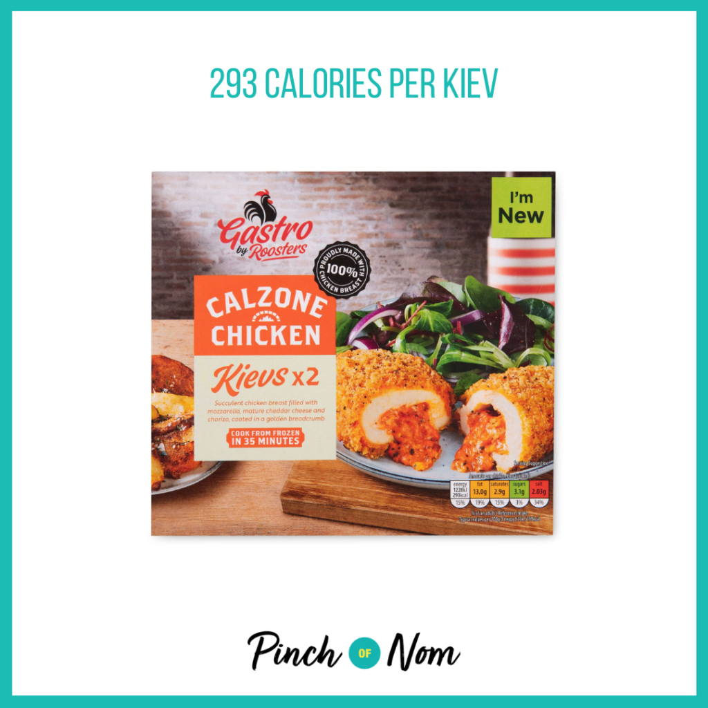 Roosters Gastro Calzone Chicken Kievs featured in Pinch of Nom's Weekly Pinch of Shopping with the calorie count printed above (293 calories per kiev).