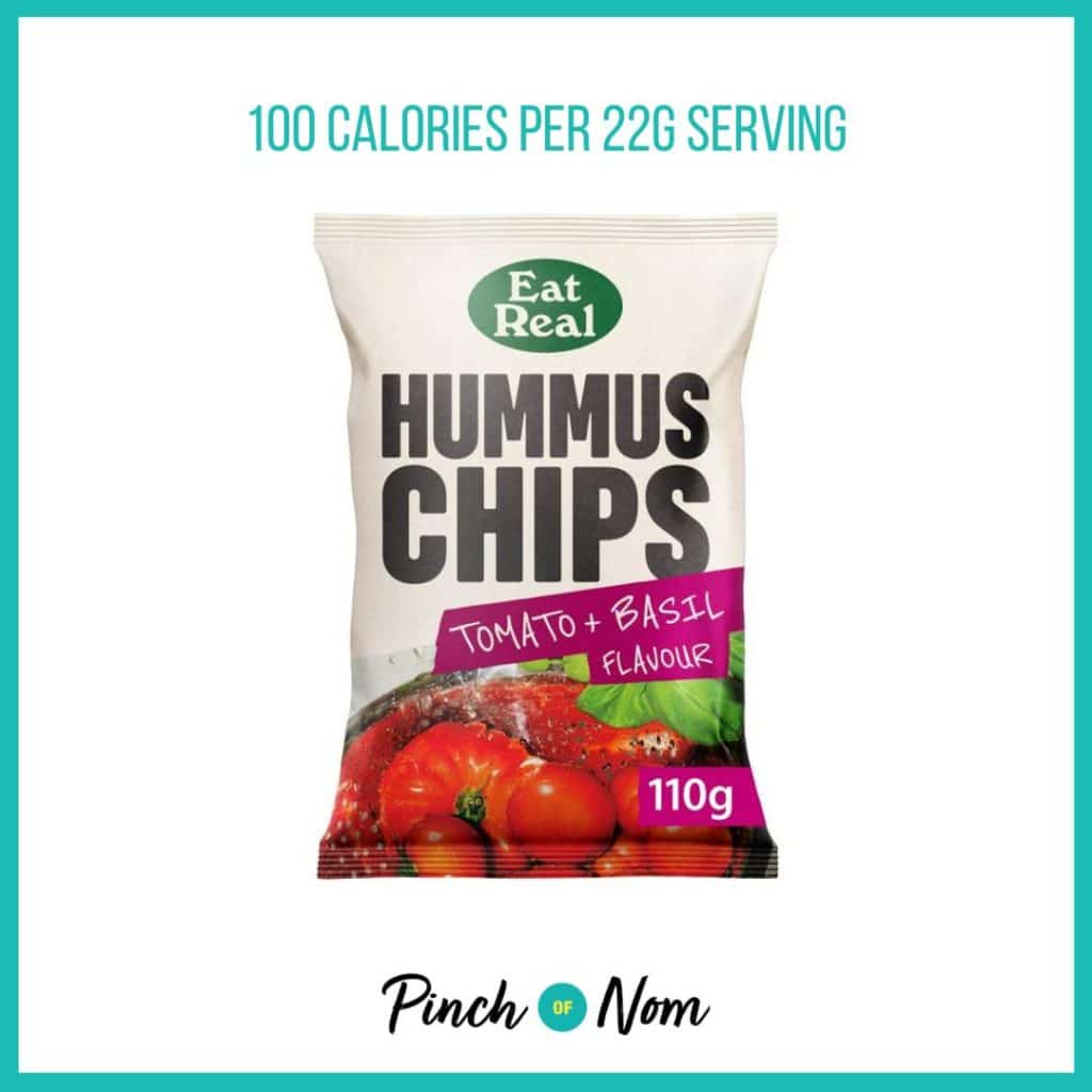 Eat Real Hummus Chips Tomato & Basil Flavour featured in Pinch of Nom's Weekly Pinch of Shopping with the calorie count printed above (100 calories per 22g serving)