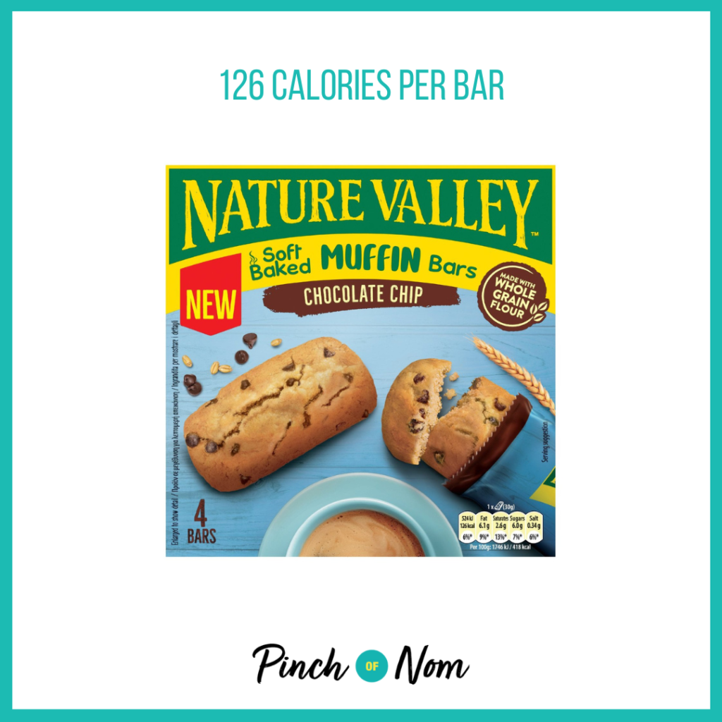 Nature Valley Muffin Bars Chocolate Chip featured in Pinch of Nom's Weekly Pinch of Shopping with the calorie count printed above (126 calories per bar).