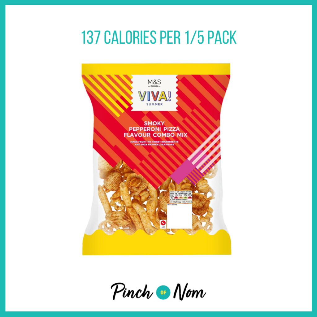 M&S Smoky Pepperoni Pizza Flavour Combo Mix featured in Pinch of Nom's Weekly Pinch of Shopping with the calorie count printed above (137 calories per 1/5 pack).