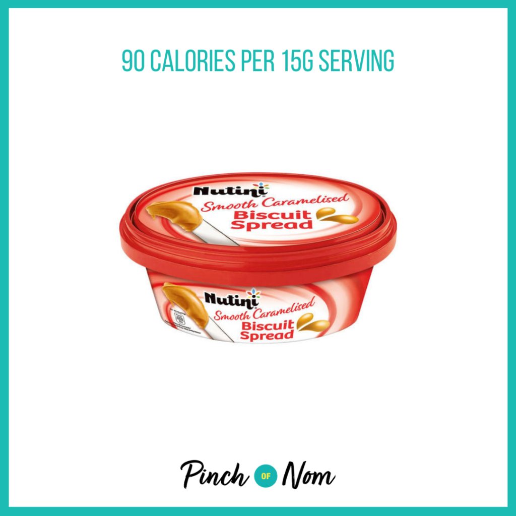 Nutini Smooth Caramelised Biscuit Spread featured in Pinch of Nom's Weekly Pinch of Shopping with the calorie count printed above (90 calories per 15g serving).