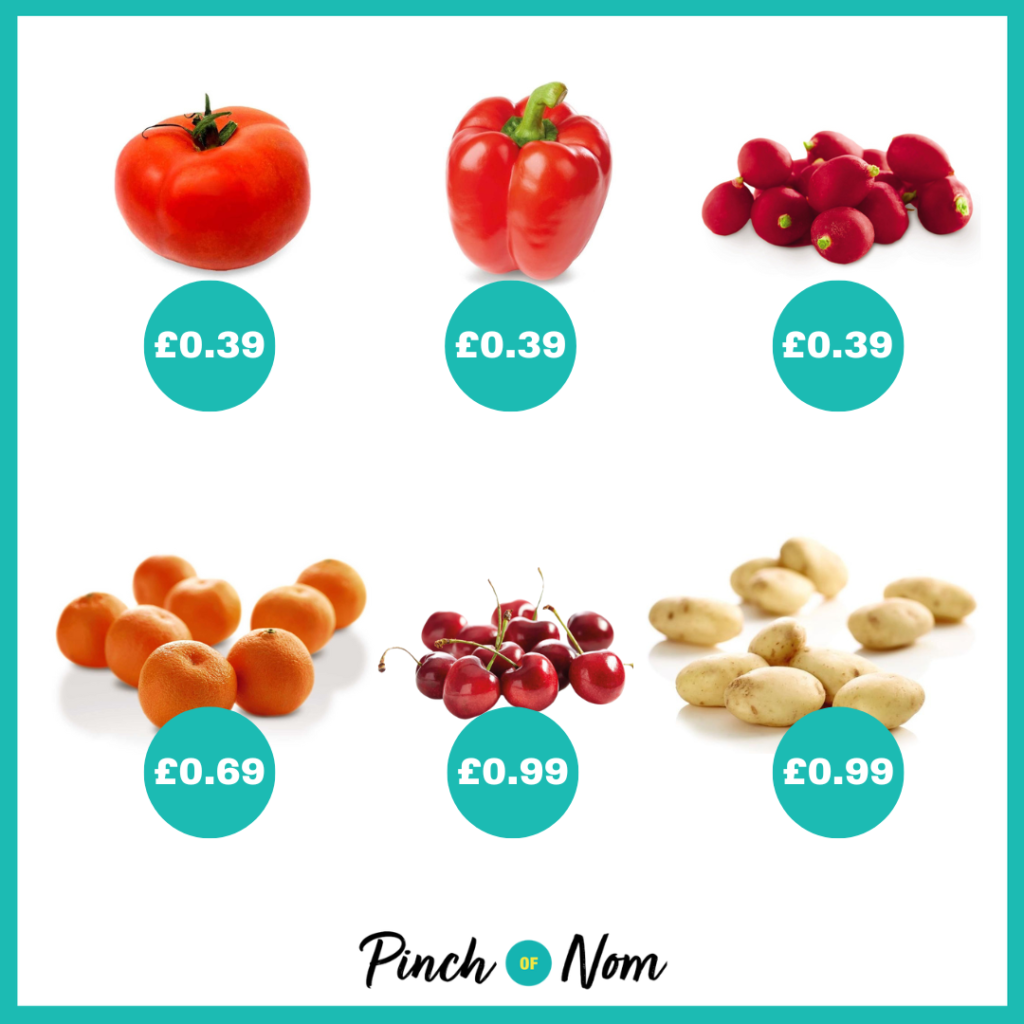 The fruit and veg selection from Aldi's Super 6, alongside their prices, featured in Pinch of Nom's Weekly Pinch of Shopping.