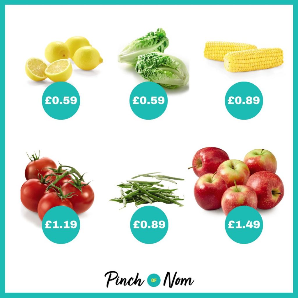 The fruit and veg selection from Aldi's Super 6, alongside their prices, featured in Pinch of Nom's Weekly Pinch of Shopping.