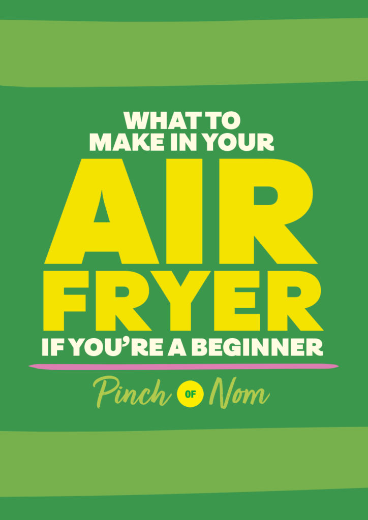 The words 'What to Make in Your Air Fryer if You're a Beginner' appear on a vibrant green background above the Pinch of Nom logo.