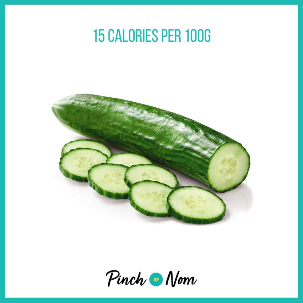 Cucumber from Aldi's Super 6 selection, featured in Pinch of Nom's Weekly Pinch of Shopping with calories above (15 calories per 100g).