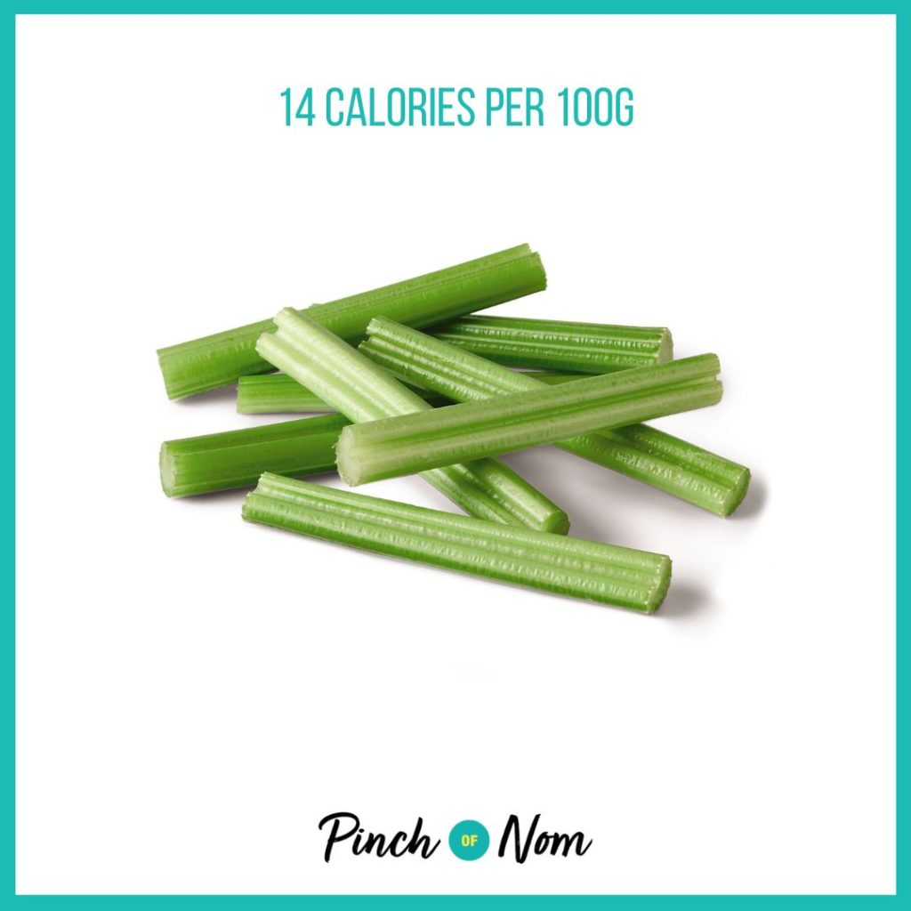 Celery from Aldi's Super 6 selection, featured in Pinch of Nom's Weekly Pinch of Shopping with calories above (14 calories per 100g).