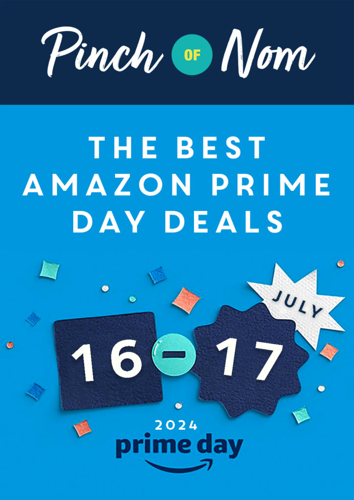 The words 'The Best Amazon Prime Day Deals' stand out on a bright-blue background with the Pinch of Nom logo above. '16th-17th July stands out in bold lettering underneath.