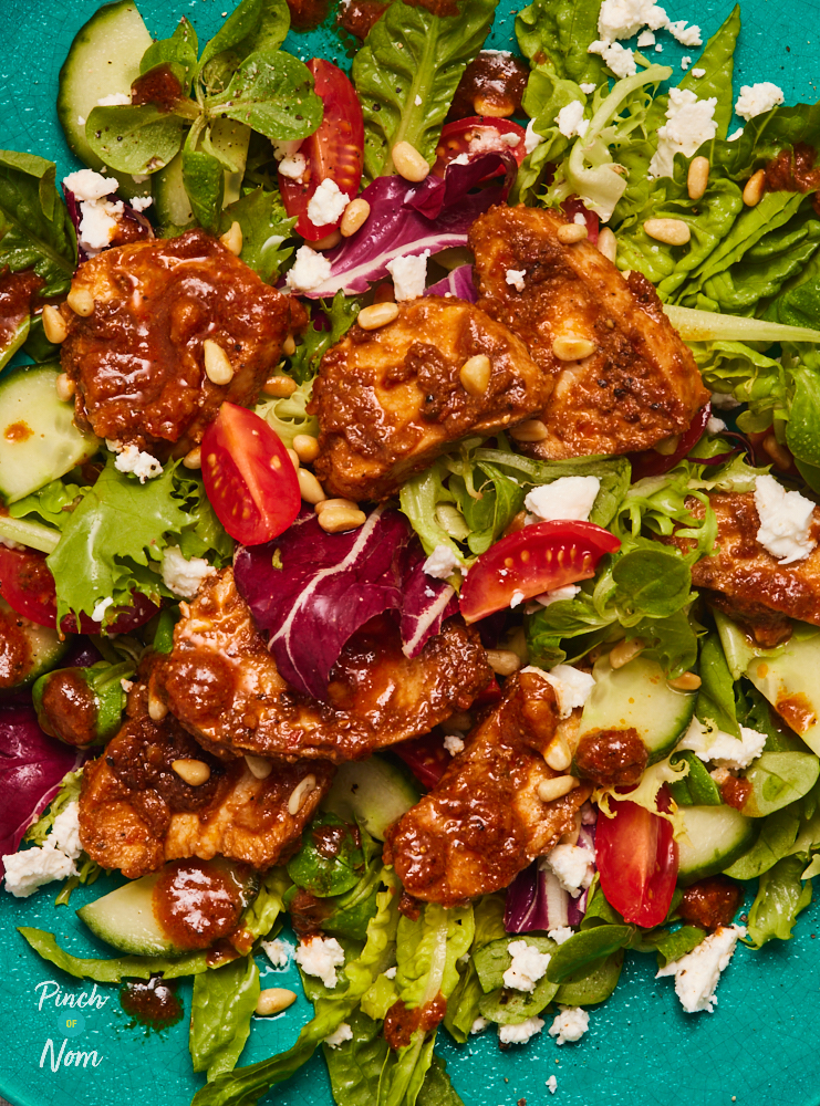 A close-up photo shows Pinch of Nom's Red Pesto Salad, ready to eat. The medley of colourful veggies is topped with chicken and feta cheese.