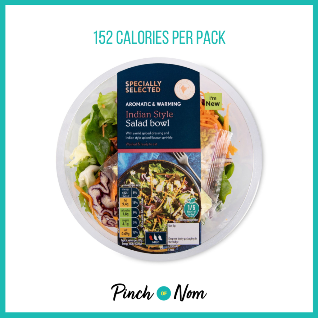 Specially Selected Indian Style Salad Bowl featured in Pinch of Nom's Weekly Pinch of Shopping with the calorie count printed above (152 calories per pack).