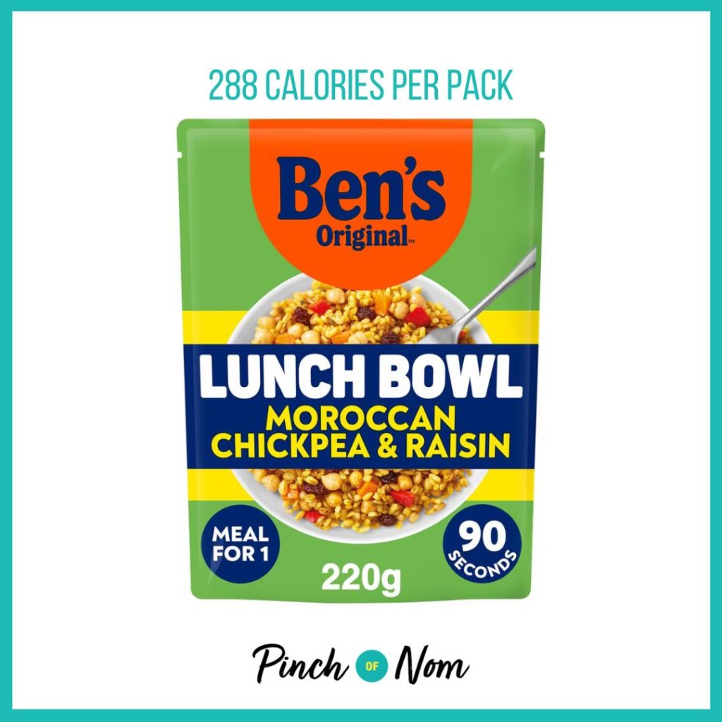 Ben's Original Lunch Bowl Moroccan Style Grains and Pulses featured in Pinch of Nom's Weekly Pinch of Shopping with the calorie count printed above (288 calories per pack)