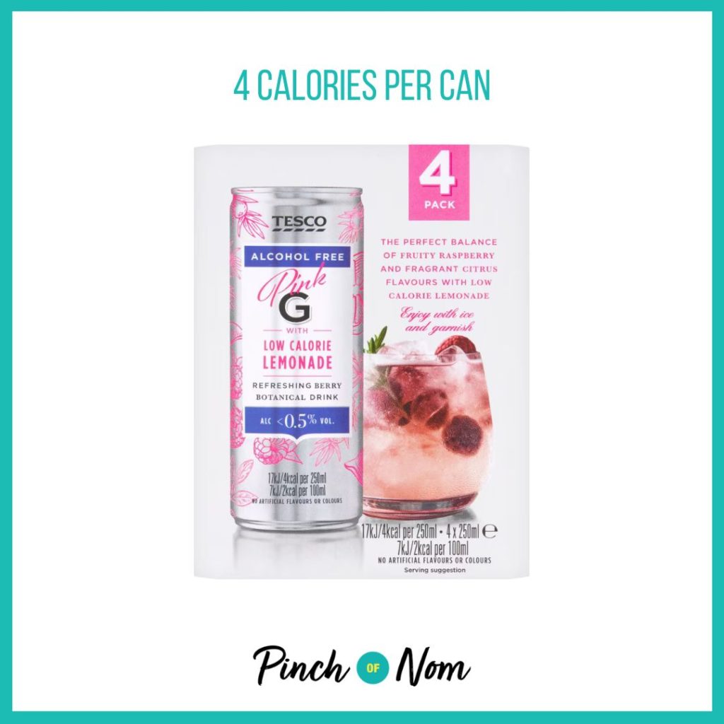 Tesco Alcohol Free Pink G & Low Calorie Lemonade featured in Pinch of Nom's Weekly Pinch of Shopping with the calorie count printed above (4 calories per can).