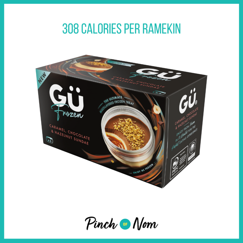 Gü Frozen Caramel, Chocolate & Hazelnut Sundae featured in Pinch of Nom's Weekly Pinch of Shopping with the calorie count printed above (308 calories per ramekin).