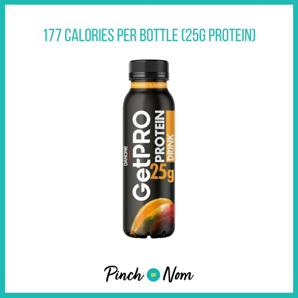 GetPro Mango High Protein Yoghurt Drink featured in Pinch of Nom's Weekly Pinch of Shopping with the calorie count printed above (177 calories per bottle)