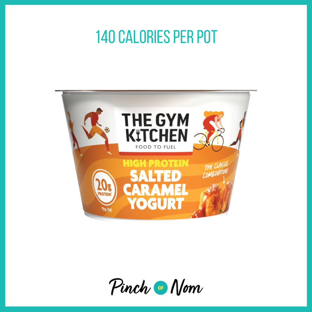 The Gym Kitchen Salted Caramel Yoghurt featured in Pinch of Nom's Weekly Pinch of Shopping with the calorie count printed above (140 calories per pot).