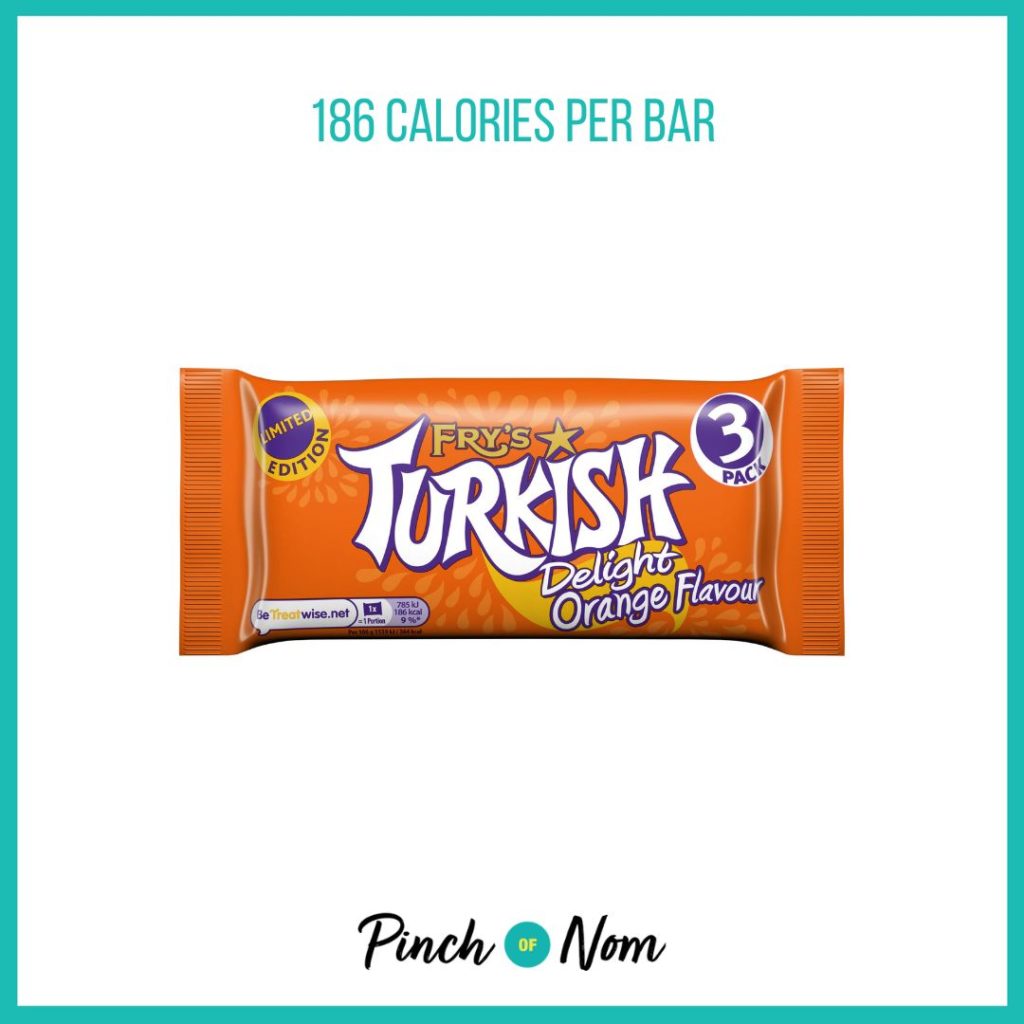 Fry's Limited Edition Turkish Delight Orange Flavour featured in Pinch of Nom's Weekly Pinch of Shopping with the calorie count printed above (186 calories per bar)