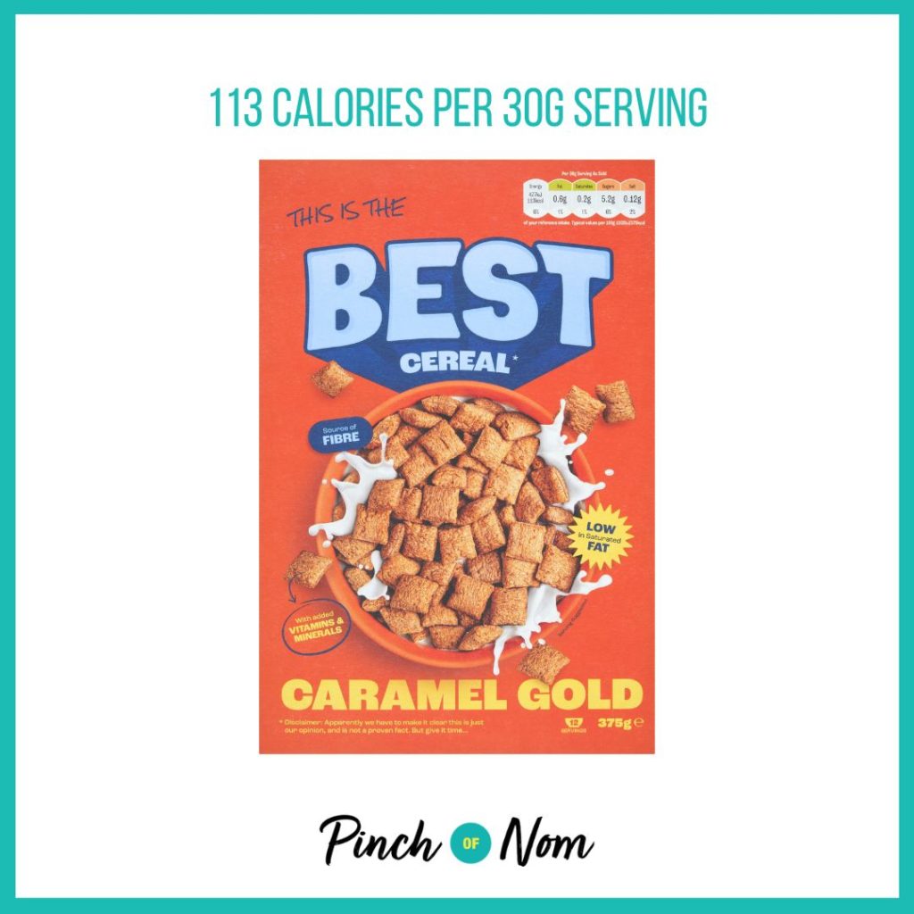 Best Cereal Caramel Gold featured in Pinch of Nom's Weekly Pinch of Shopping with the calorie count printed above (113 calories per 30g serving)