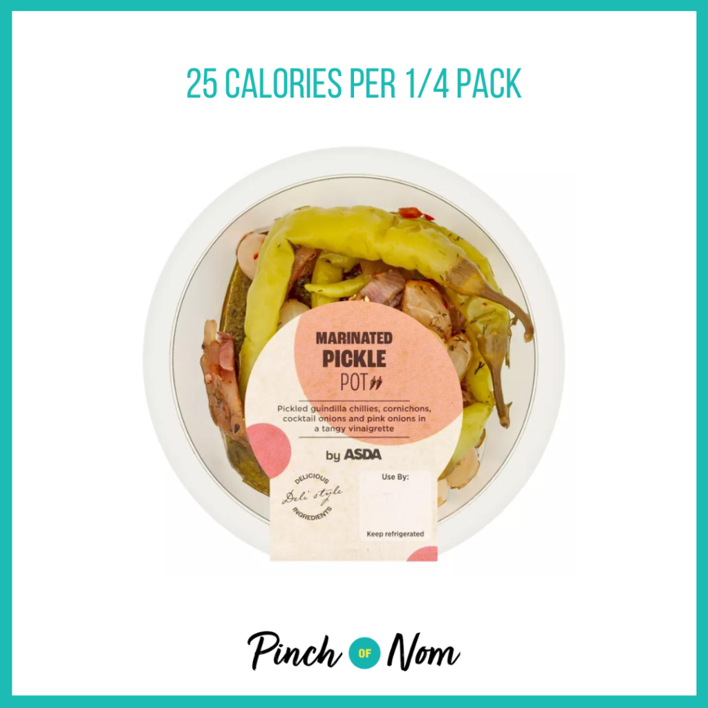 ASDA Marinated Pickle Pot featured in Pinch of Nom's Weekly Pinch of Shopping with the calorie count printed above (25 calories per 1/4 pack).