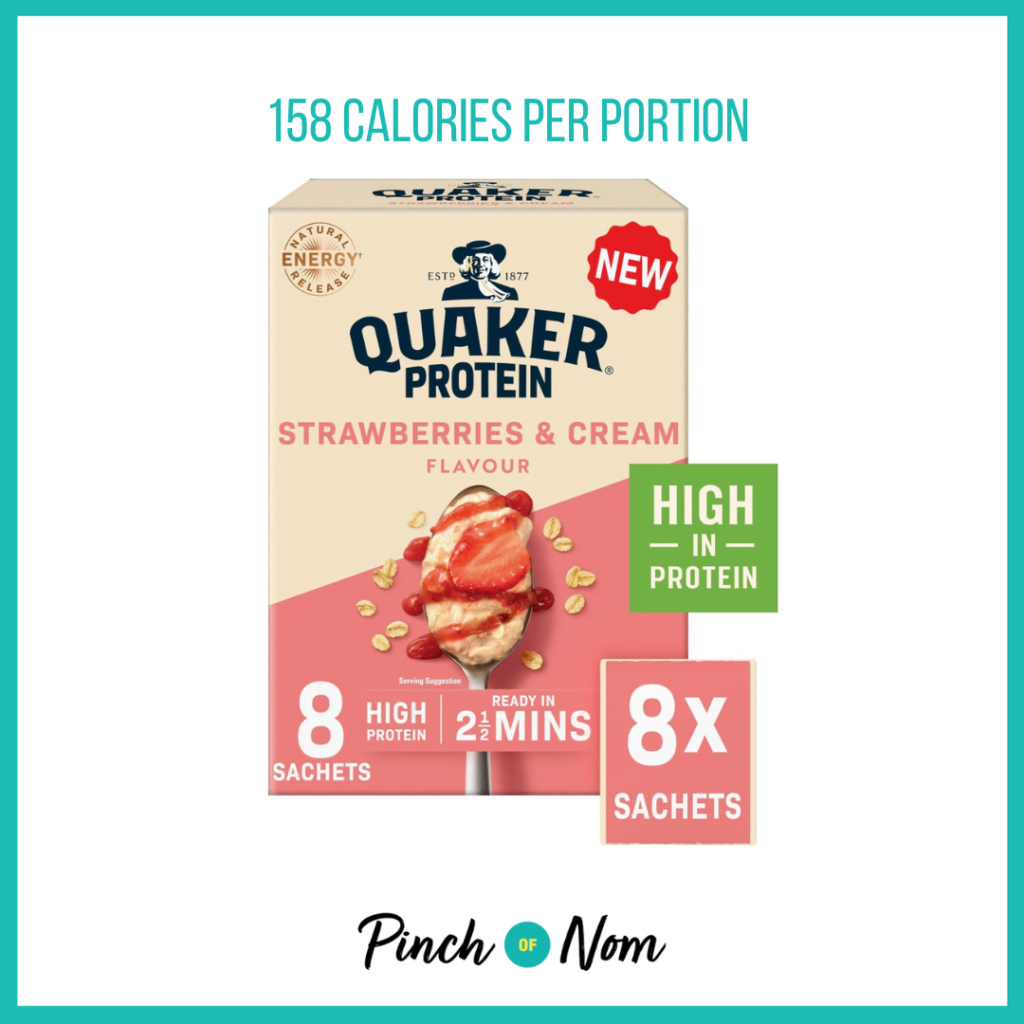 Quaker High Protein Strawberries & Cream Porridge Sachets Oat So Simple featured in Pinch of Nom's Weekly Pinch of Shopping with the calorie count printed above (158 calories per portion).