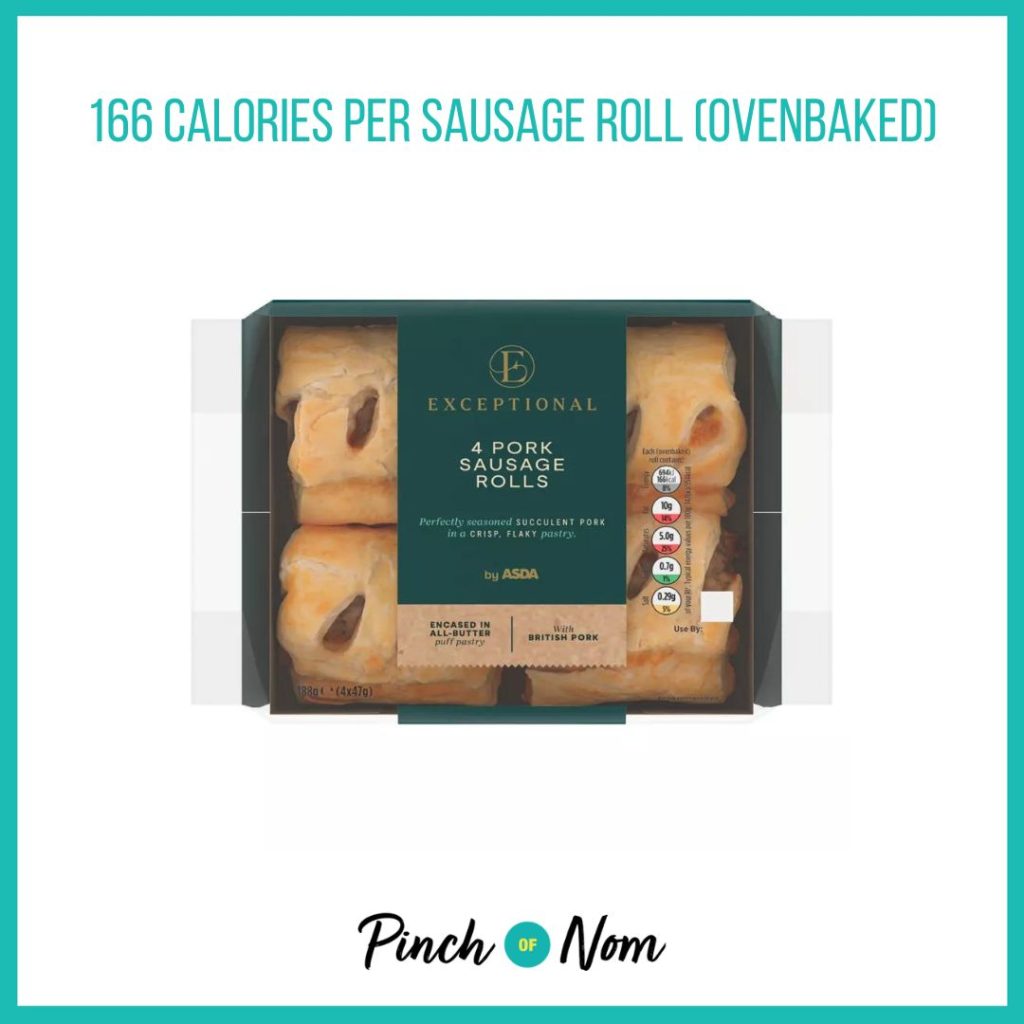 Exceptional by ASDA Pork Sausage Rolls featured in Pinch of Nom's Weekly Pinch of Shopping with the calorie count printed above (166 calories per sausage roll)