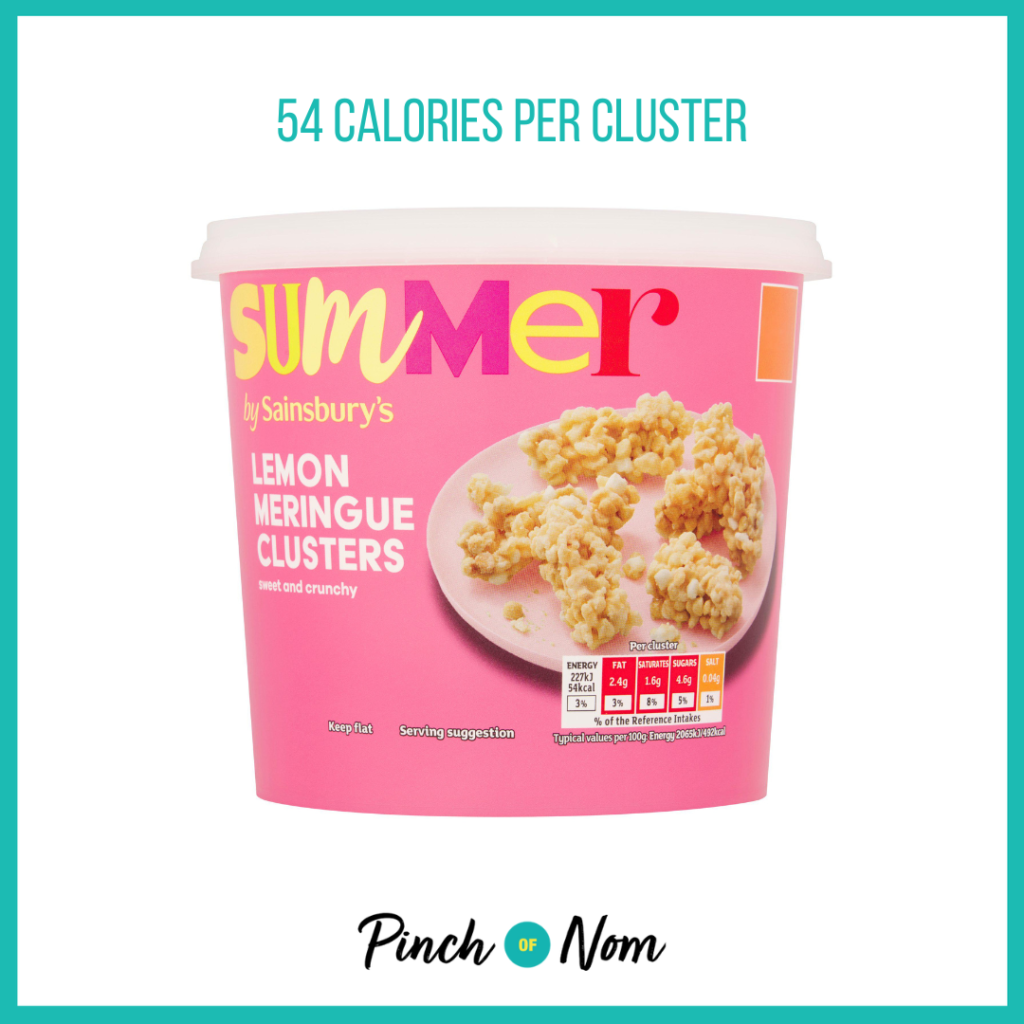 Sainsbury's Summer Lemon Meringue Clusters featured in Pinch of Nom's Weekly Pinch of Shopping with the calorie count printed above (54 calories per cluster).