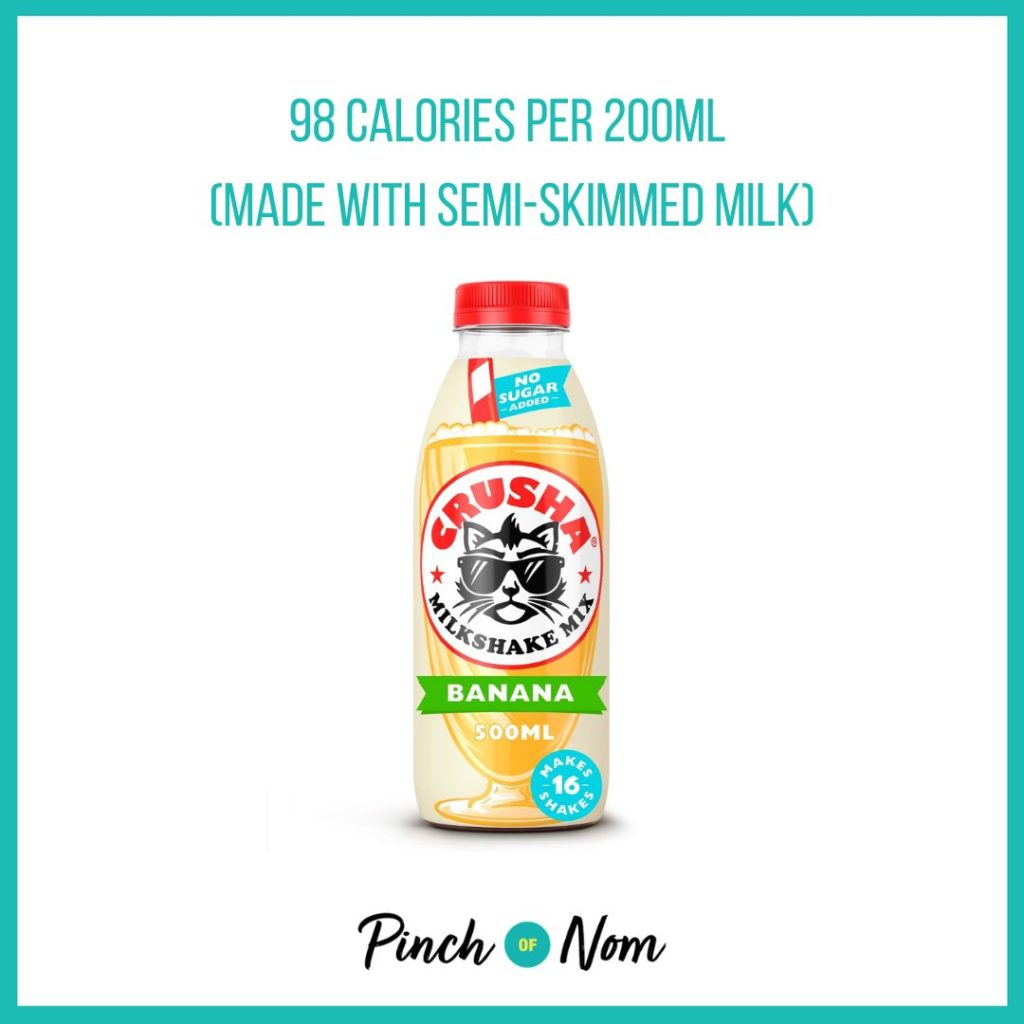 Crusha Banana Milkshake Mix No Added Sugar featured in Pinch of Nom's Weekly Pinch of Shopping with the calorie count printed above (98 calories per 200ml)