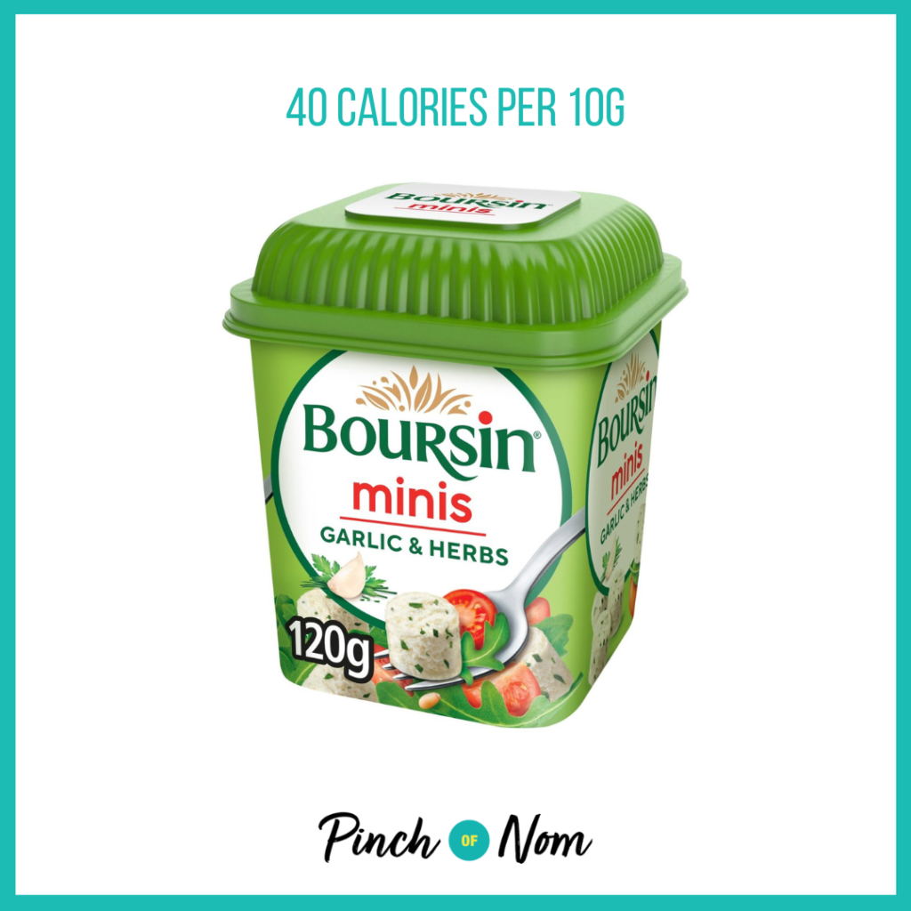 Boursin Garlic & Herbs Cream Cheese Minis featured in Pinch of Nom's Weekly Pinch of Shopping with the calorie count printed above (40 calories per 10g).