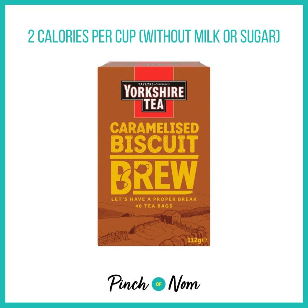 Yorkshire Caramelised Biscuit Brew Tea Bags featured in Pinch of Nom's Weekly Pinch of Shopping with the calorie count printed above (2 calories per cup)