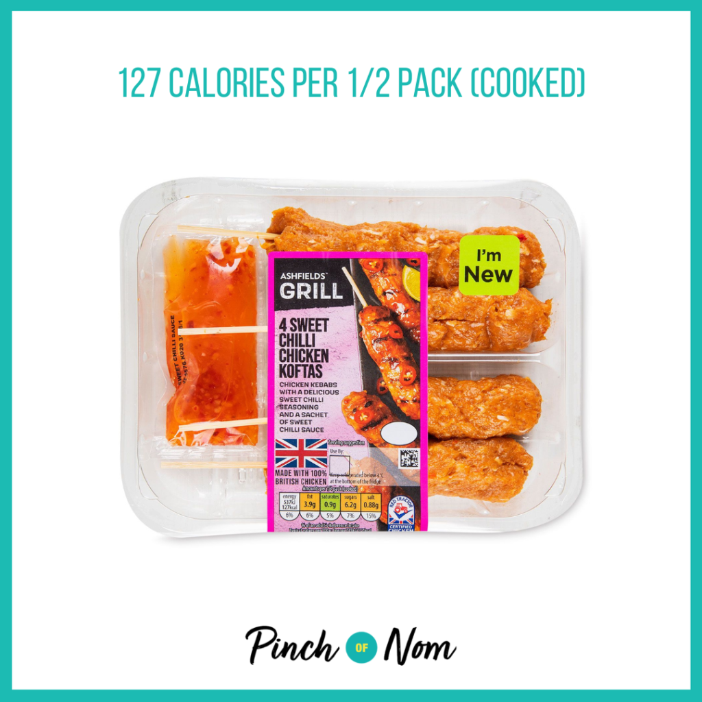 Ashfields Grill Sweet Chilli Chicken Koftas featured in Pinch of Nom's Weekly Pinch of Shopping with the calorie count printed above (127 calories per 1/2 pack cooked).