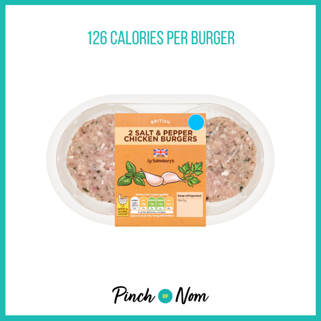 Sainsbury's Salt & Pepper Chicken Burgers featured in Pinch of Nom's Weekly Pinch of Shopping with the calorie count printed above (126 calories per burger).