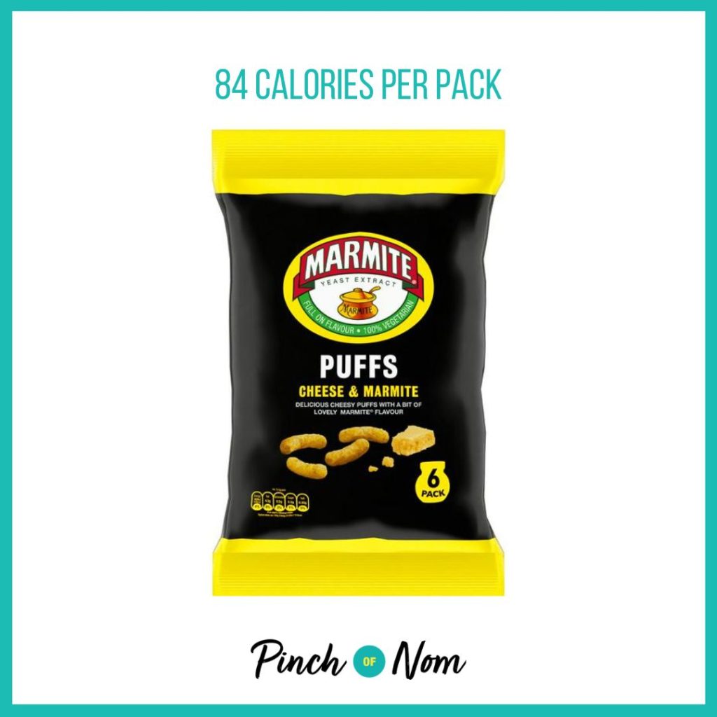 Marmite Cheese & Marmite Puffs featured in Pinch of Nom's Weekly Pinch of Shopping with the calorie count printed above (84 calories per pack)