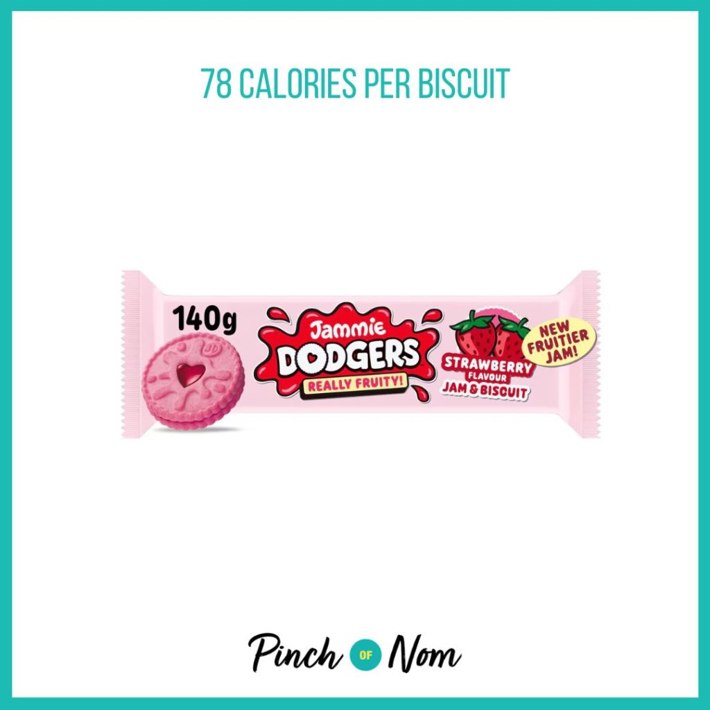 Jammie Dodgers Really Fruity Strawberry Flavour Biscuits featured in Pinch of Nom's Weekly Pinch of Shopping with the calorie count printed above (78 calories per biscuit)