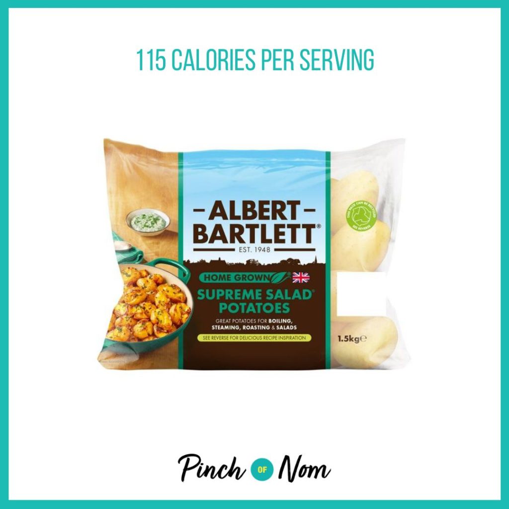 Albert Bartlett Supreme Salad Potatoes featured in Pinch of Nom's Weekly Pinch of Shopping with the calorie count printed above (115 calories per serving)