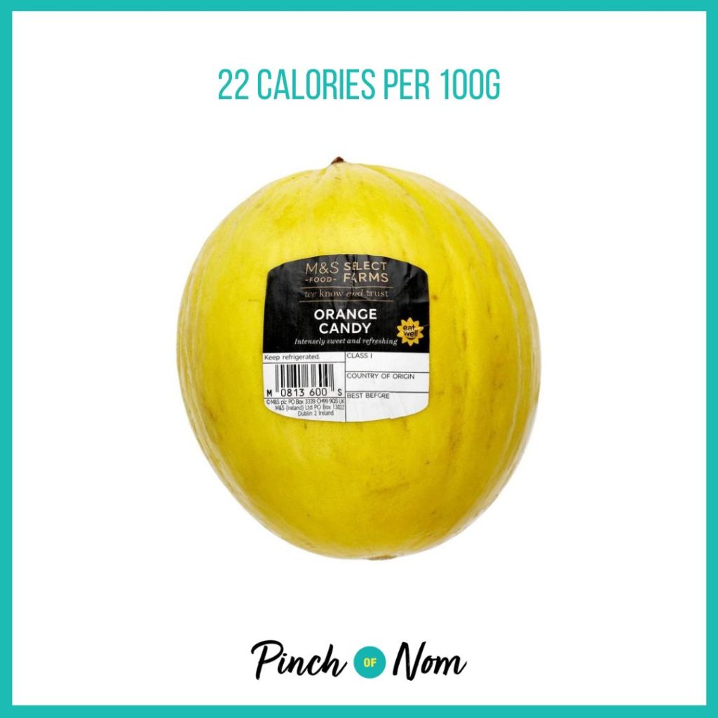 M&S Orange Candy Melon Perfectly Ripe featured in Pinch of Nom's Weekly Pinch of Shopping with the calorie count printed above (22 calories per 100g)