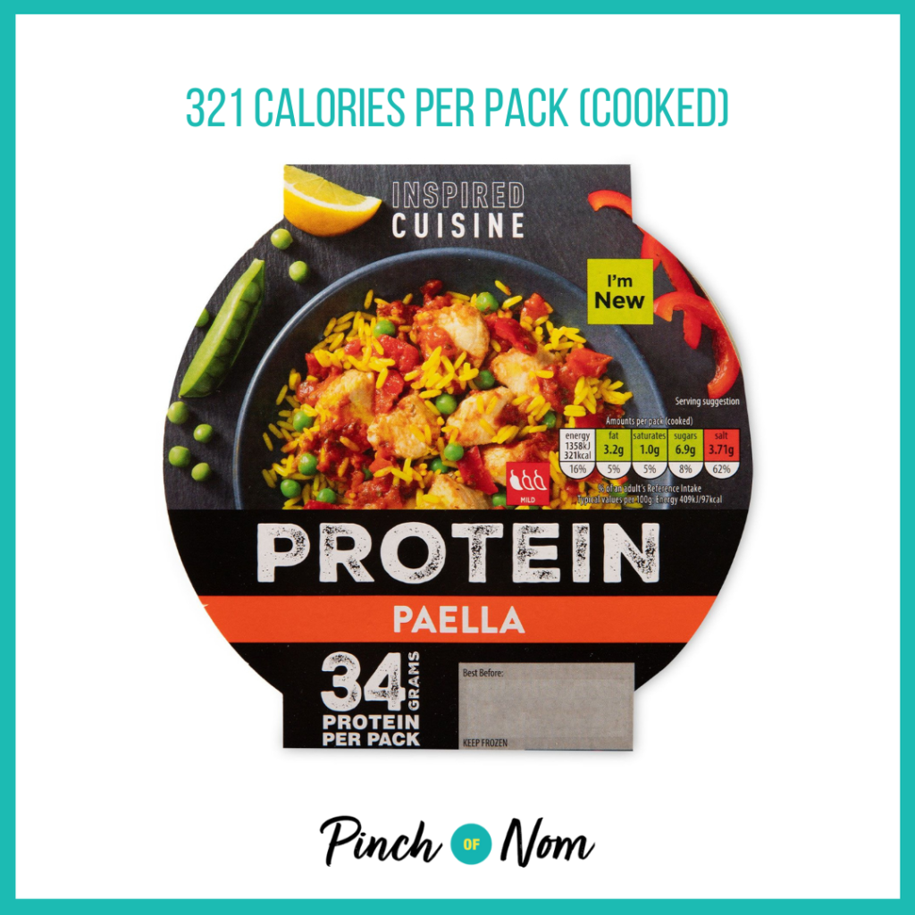 Inspired Cuisine Spanish Paella featured in Pinch of Nom's Weekly Pinch of Shopping with the calorie count printed above (321 calories per pack cooked).