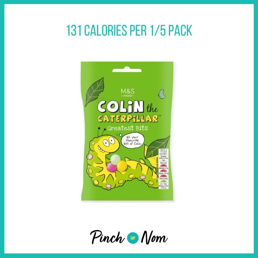 M&S Colin the Caterpillar Greatest Bits featured in Pinch of Nom's Weekly Pinch of Shopping with the calorie count printed above (131 calories per 1/5 pack)