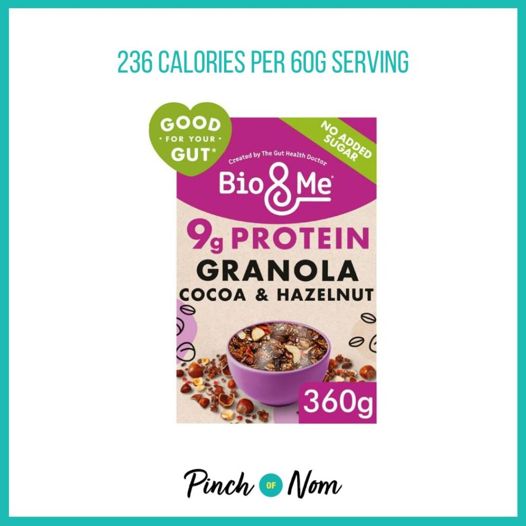 Bio & Me Cocoa Hazelnut Granola featured in Pinch of Nom's Weekly Pinch of Shopping with the calorie count printed above (236 calories per 60g serving)