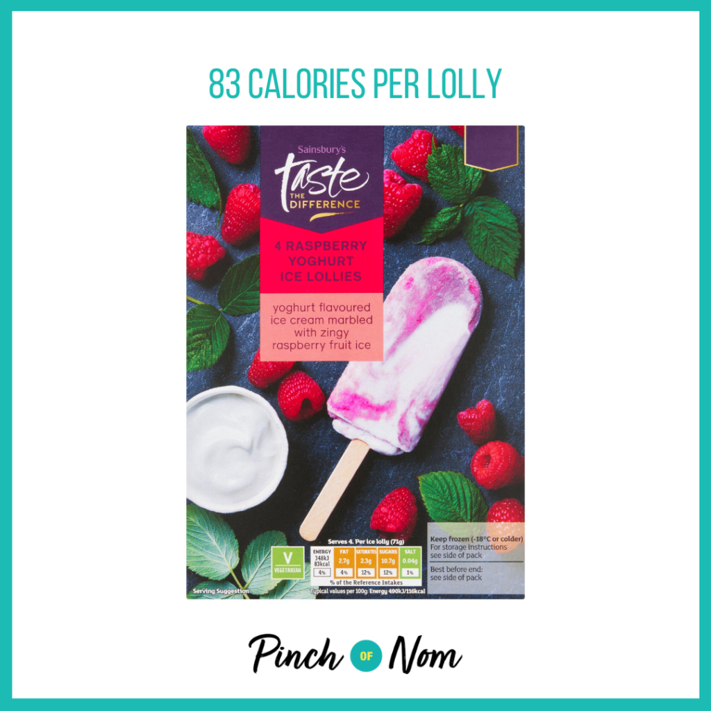 Sainsbury's Raspberry & Yoghurt Ice Lollies featured in Pinch of Nom's Weekly Pinch of Shopping with the calorie count printed above (83 calories per lolly).