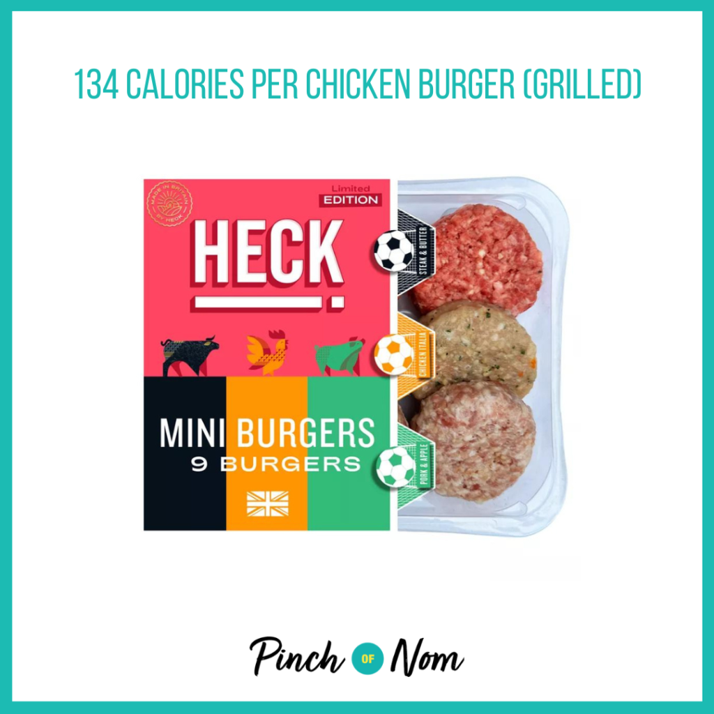 HECK Limited Edition Mini Burgers featured in Pinch of Nom's Weekly Pinch of Shopping with the calorie count printed above (134 calories per chicken burger grilled).