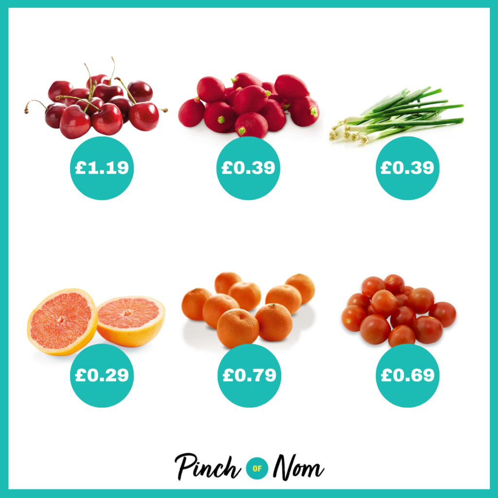 The fruit and veg selection from Aldi's Super 6, alongside their prices, featured in Pinch of Nom's Weekly Pinch of Shopping.