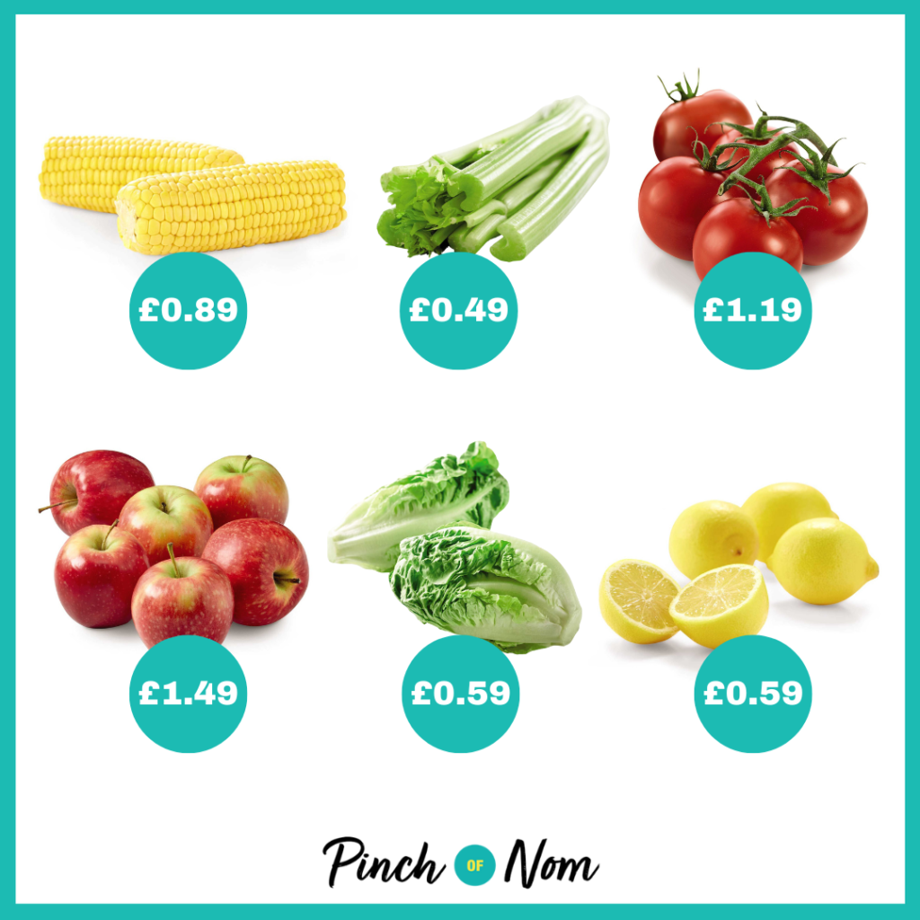 The fruit and veg selection from Aldi's Super 6, alongside their prices, featured in Pinch of Nom's Weekly Pinch of Shopping.