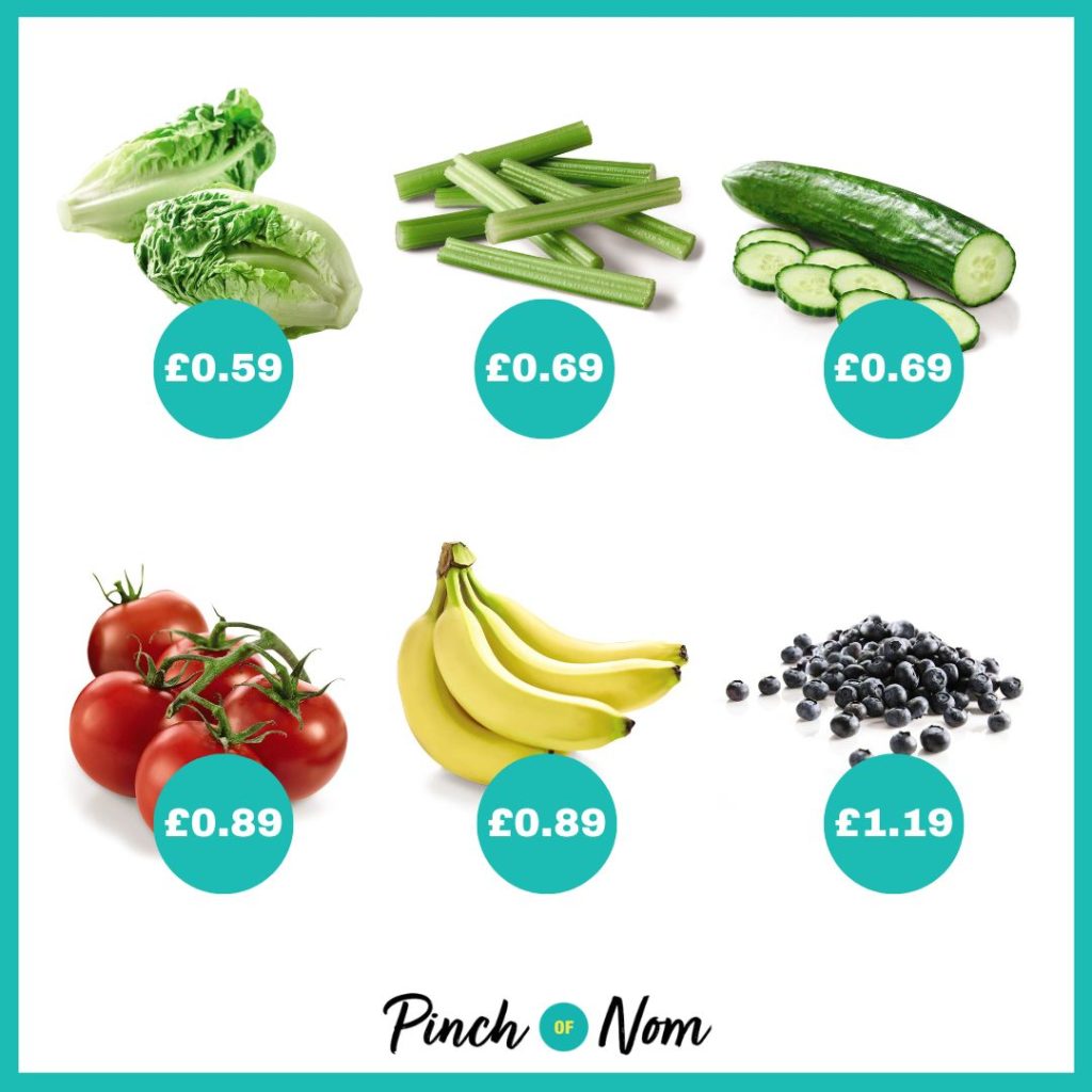 The fruit and veg selection from Aldi's Super 6, alongside their prices, featured in Pinch of Nom's Weekly Pinch of Shopping.