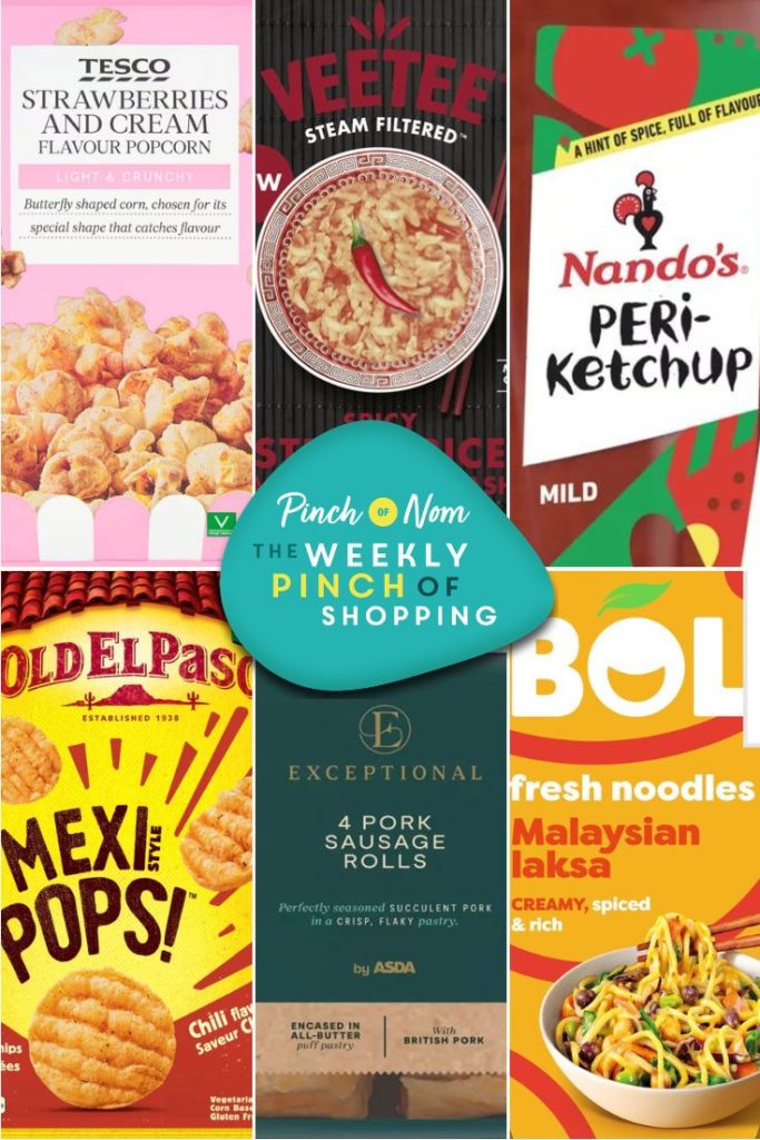 Six of the products from the Weekly Pinch of Shopping in a rectangle grid format. The top row features Tesco Strawberries & Cream Flavour Popcorn, Veetee Japanese Togarashi Spicy Sticky Rice and Nando's Peri-Ketchup. The bottom row features Old El Paso Mexi Popped Chips Chili, Exceptional by ASDA Pork Sausage Rolls and Bol Posh Noodles Malaysian Laksa Ramen. There is a logo at the centre of the image with The Weekly Pinch of Shopping in bold letters. 