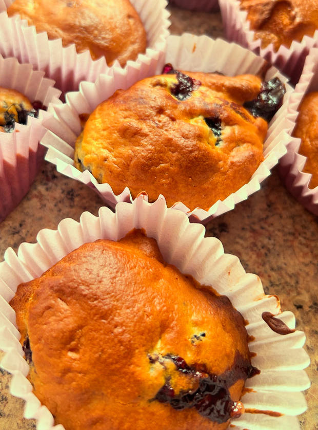 Two of Pinch of Nom's White Chocolate and Blueberry Muffins from the Air Fryer cookbook are served with blueberries and chocolate chips poking through, freshly browned from the air fryer.