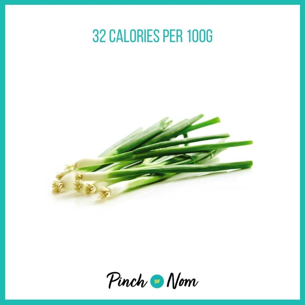 Spring Onions from Aldi's Super 6 selection, featured in Pinch of Nom's Weekly Pinch of Shopping with calories above (32 calories per 100g).