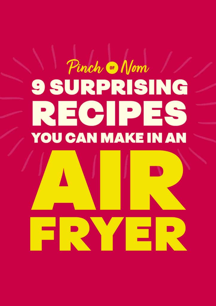 The words '9 Surprising Recipes you Can Make in an Air Fryer' are presented in bold yellow lettering on a red background below the Pinch of Nom logo.