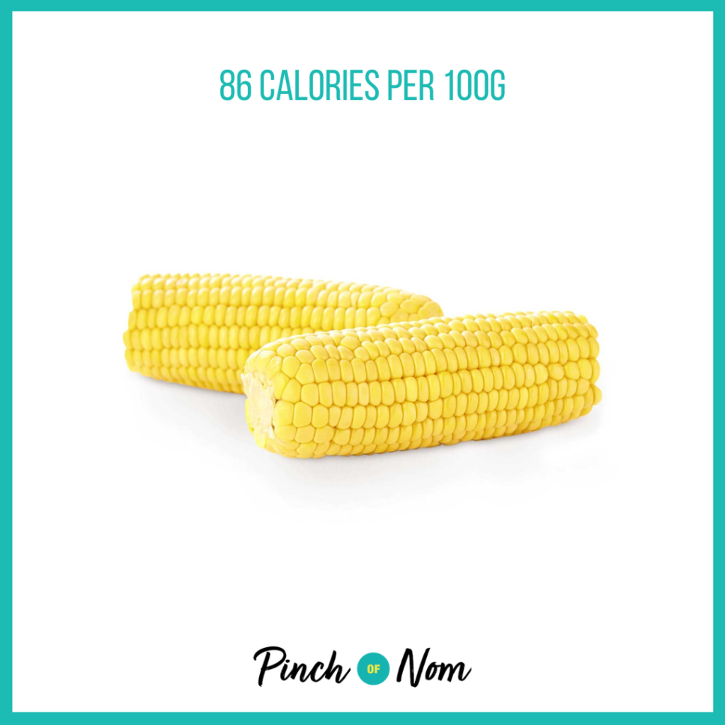 Sweetcorn from Aldi's Super 6 selection, featured in Pinch of Nom's Weekly Pinch of Shopping with calories above (86 calories per 100g).